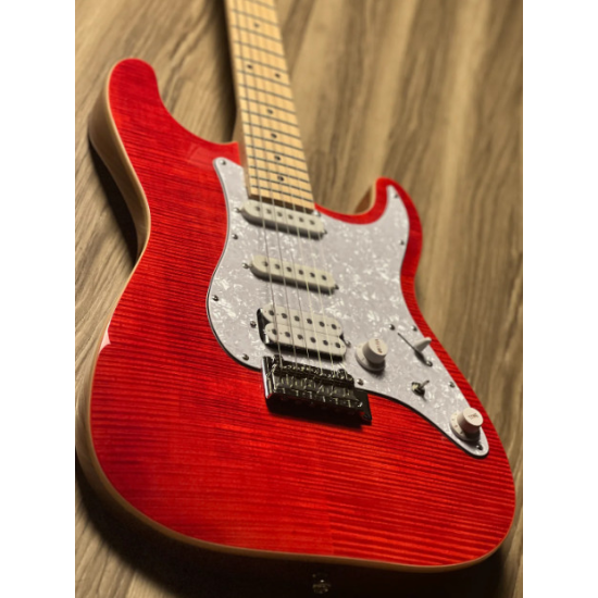 SQOE SEIB680 HSS with Flame Maple Top in Transparent Red