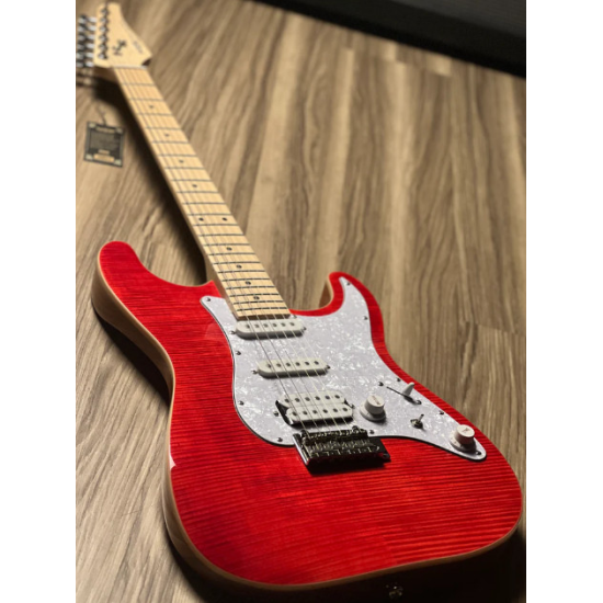 SQOE SEIB680 HSS with Flame Maple Top in Transparent Red